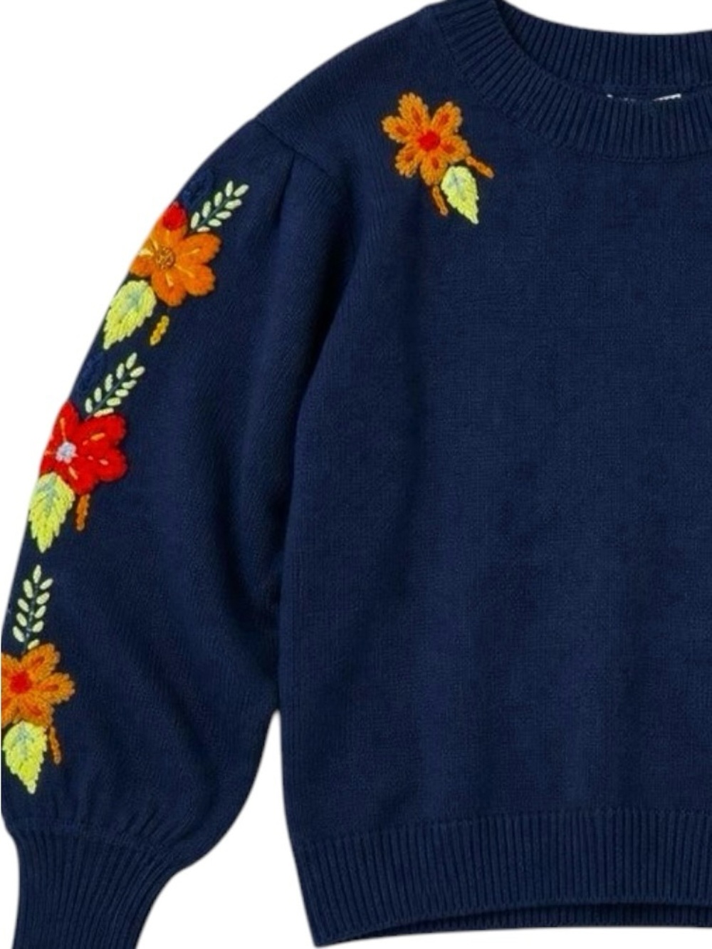 Something Navy Floral Embroidered Crewneck Sweater Merino Wool NWT